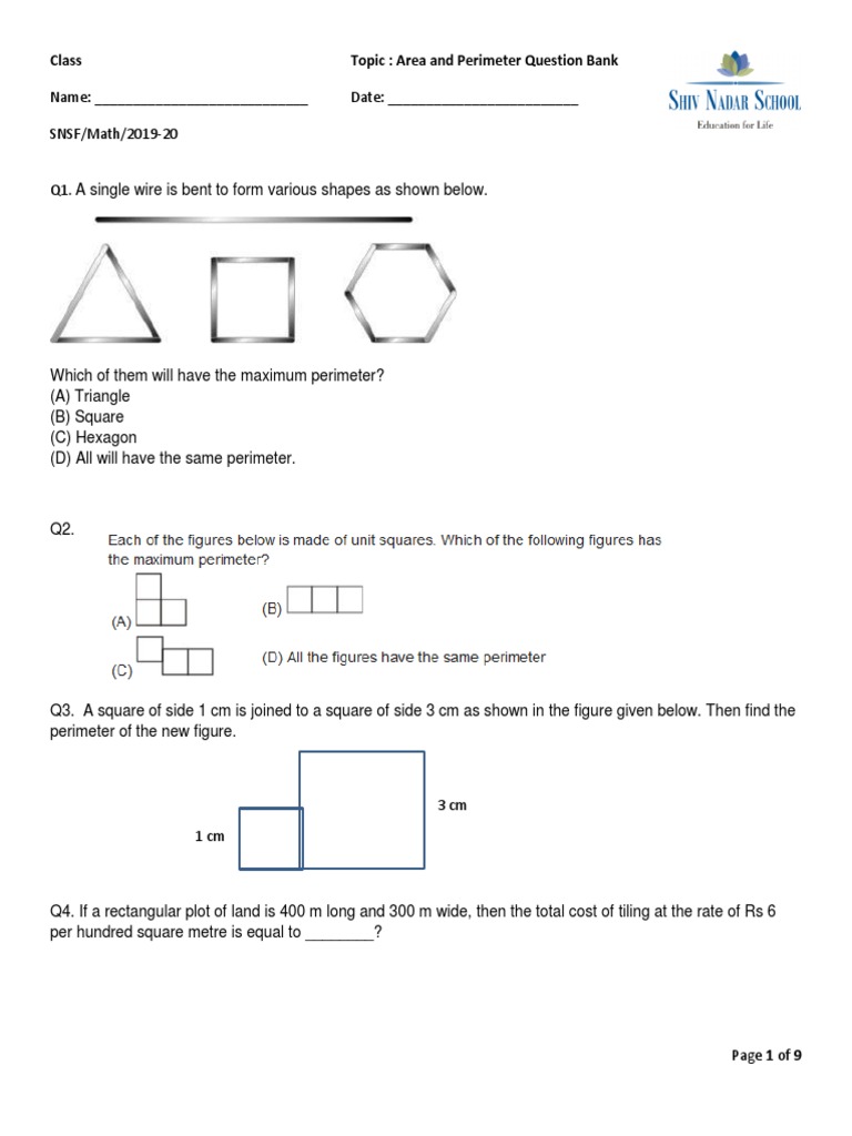 Area and Perimeter Question Bank | PDF | Area | Rectangle
