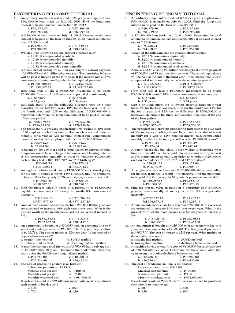 Engineering Economy Problem Set | PDF | Present Value | Interest