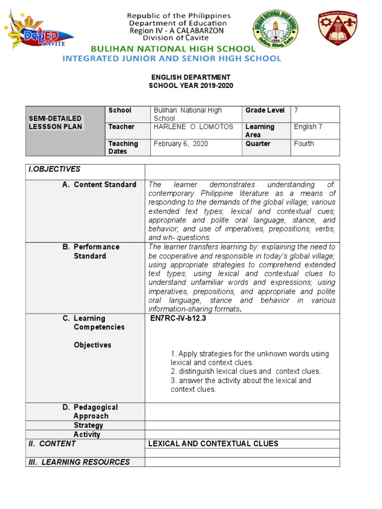 Lexical and Contextual Clues Lesson Plan | PDF | Lesson Plan | Learning
