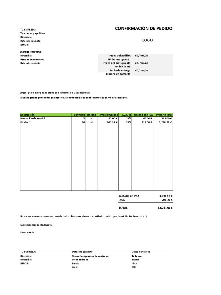 Confirmacion de Pedido Con Plantillas Excel 1and1 | PDF | Economias ...