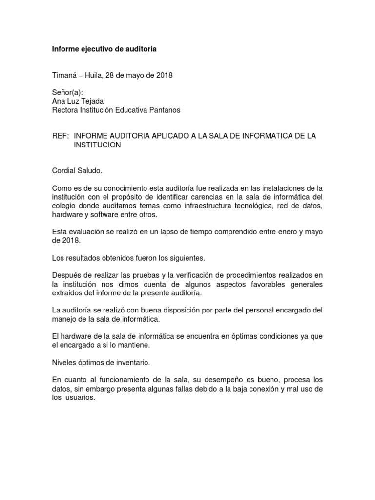 Informe Ejecutivo de Auditoria Natalia Medina | PDF | Apoyo | Auditoría