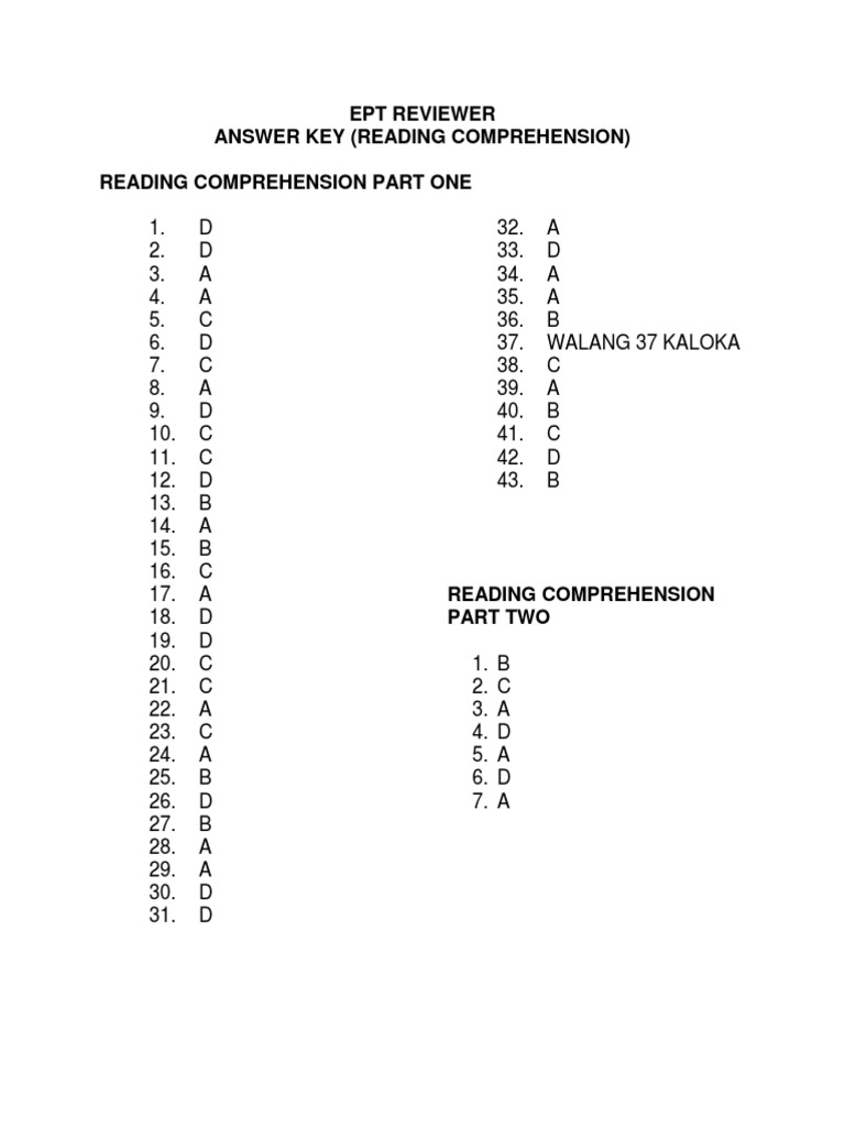 Reading Comprehension Answer Key