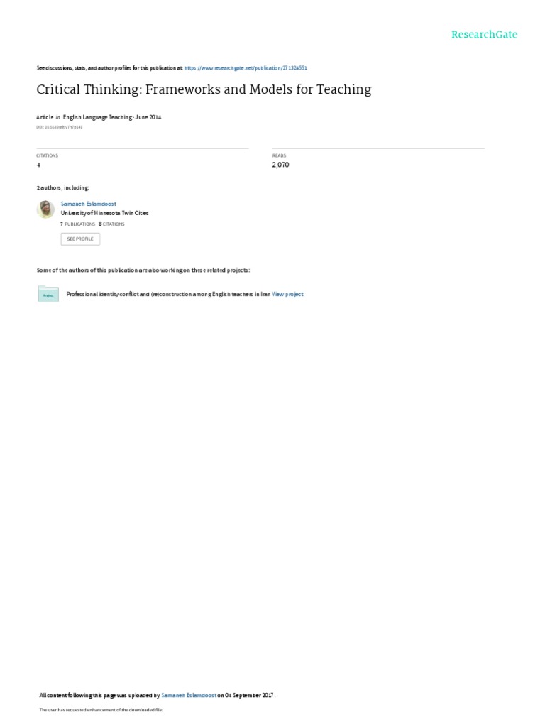 Critical Thinking Frameworks and Models For Teachi PDF | PDF | Critical ...