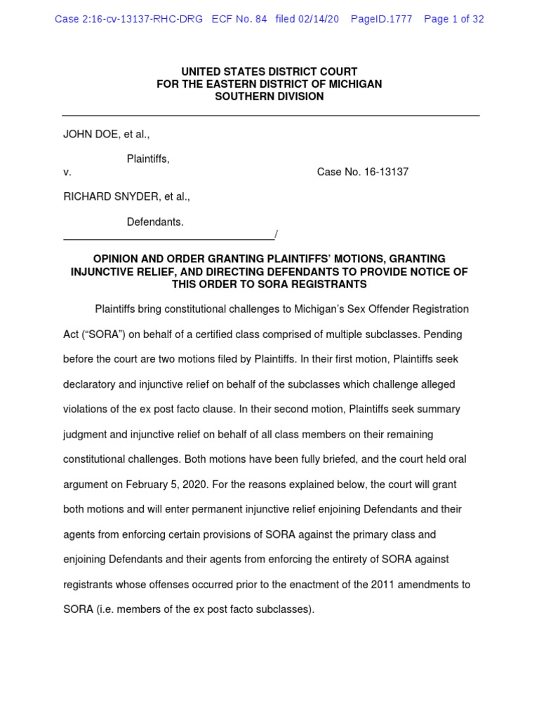 Michigan SORA Decision PDF Ex Post Facto Law Summary Judgment