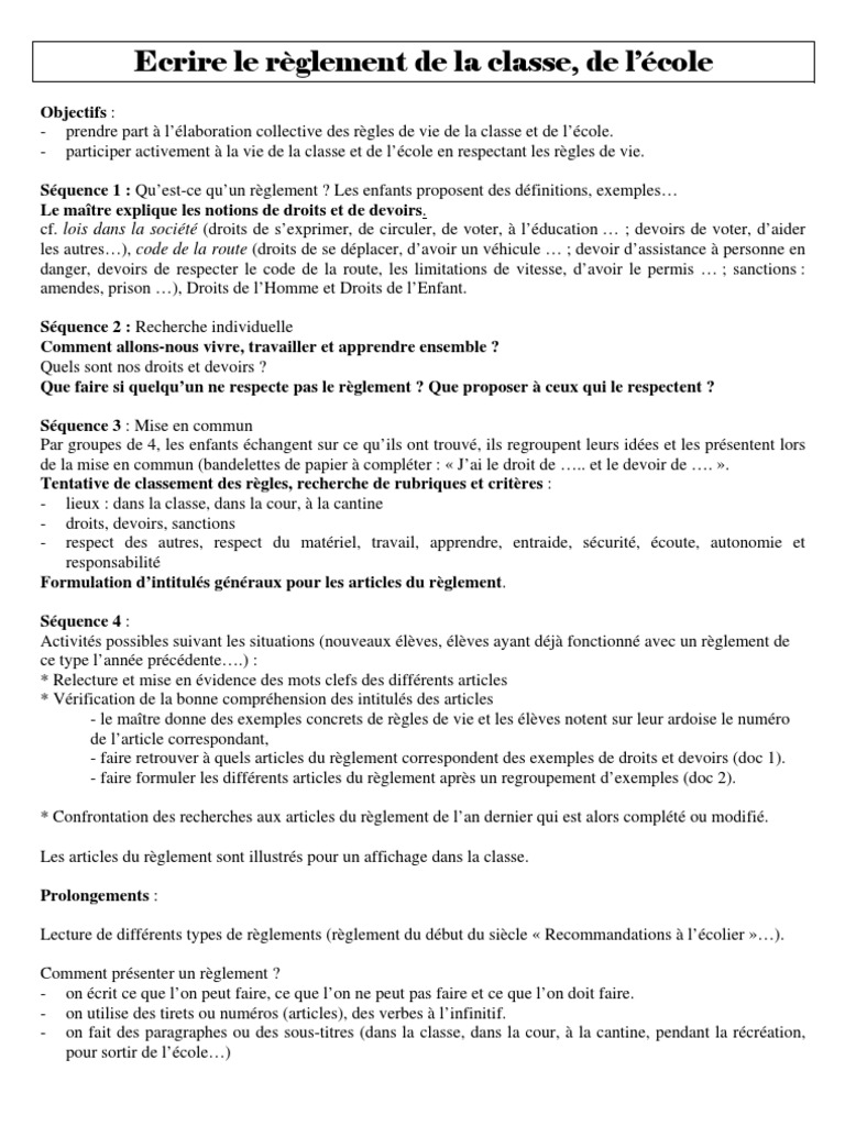 Sequence Sur Elaboration Reglement De Classe Pdf