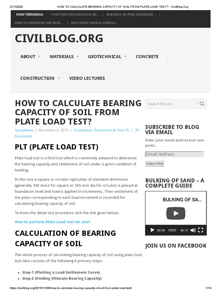 How To Calculate Bearing Capacity of Soil From Plate Load Test PDF