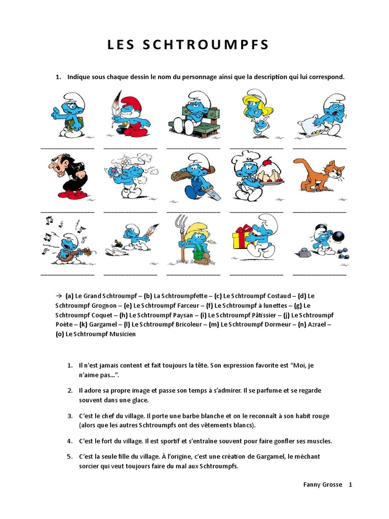Les Schtroumpfs La Description Comprehension Ecrite Texte Questions Comprehension Langues