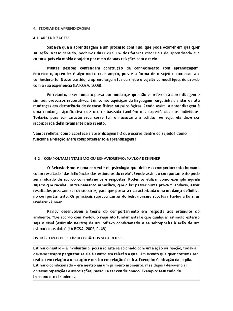 Teorias da Aprendizagem: Piaget e Vygotsky | PDF | Behaviorismo ...