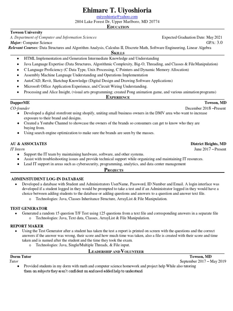 Towson computer science student resume pdf c programming language