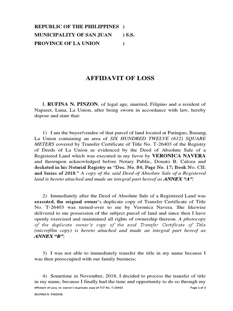 Affidavit of Loss For Owner's Duplicate Copy of TCT Navera Case | PDF ...