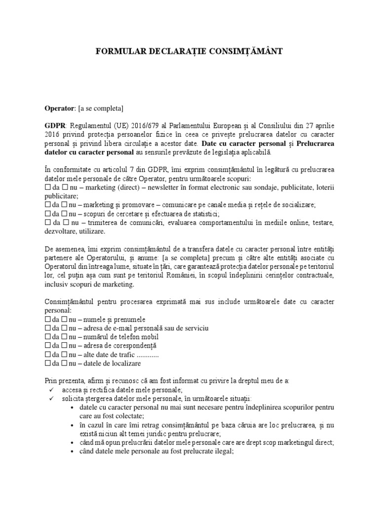 Formular Declaratie Consimtamant GDPR | PDF