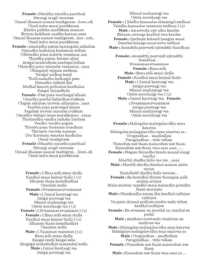 Tamil Song Lyrics in English PDF