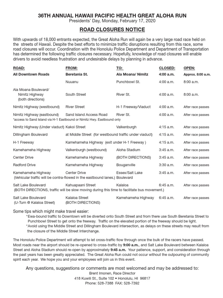 2020 Great Aloha Run Road Closures PDF Traffic Transport