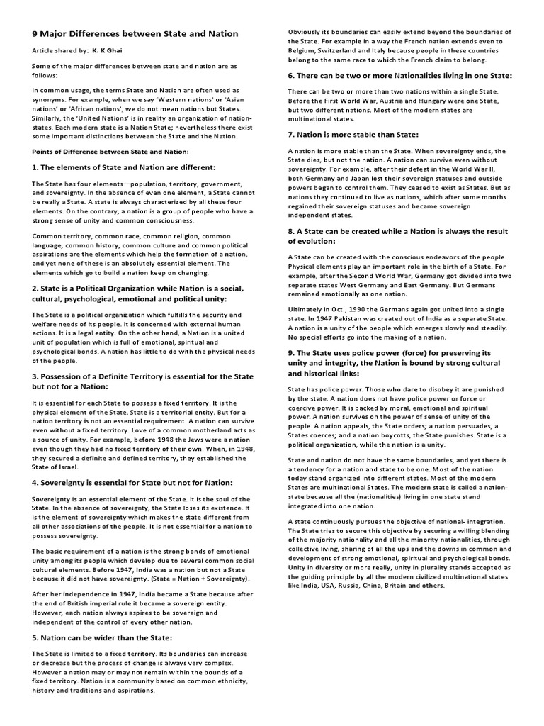 9 Major Differences Between State And Nation PDF Nation State Nation