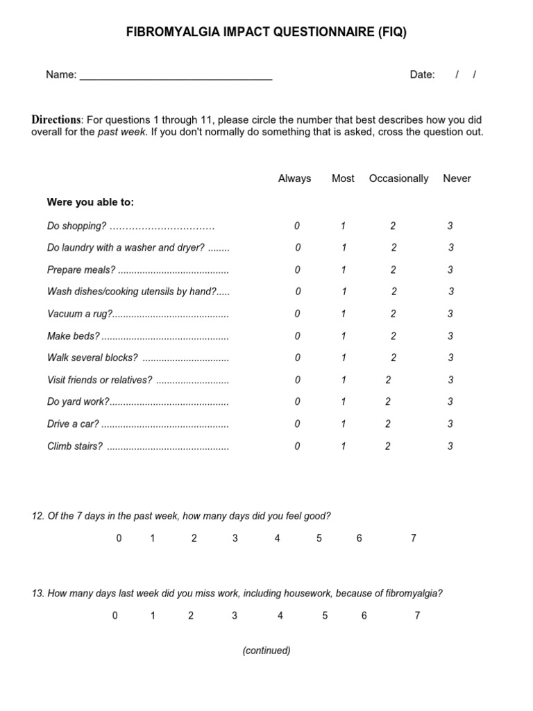 Fibromyalgia Impact Questionnaire (FIQ) | PDF | Fibromyalgia | Clinical ...