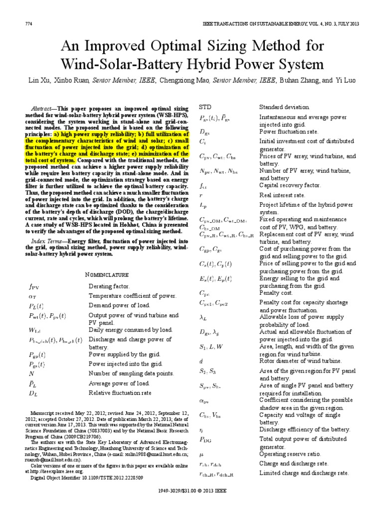 Optimal Sizing For Hybrid Power System Ieee Transaction | PDF | Wind ...