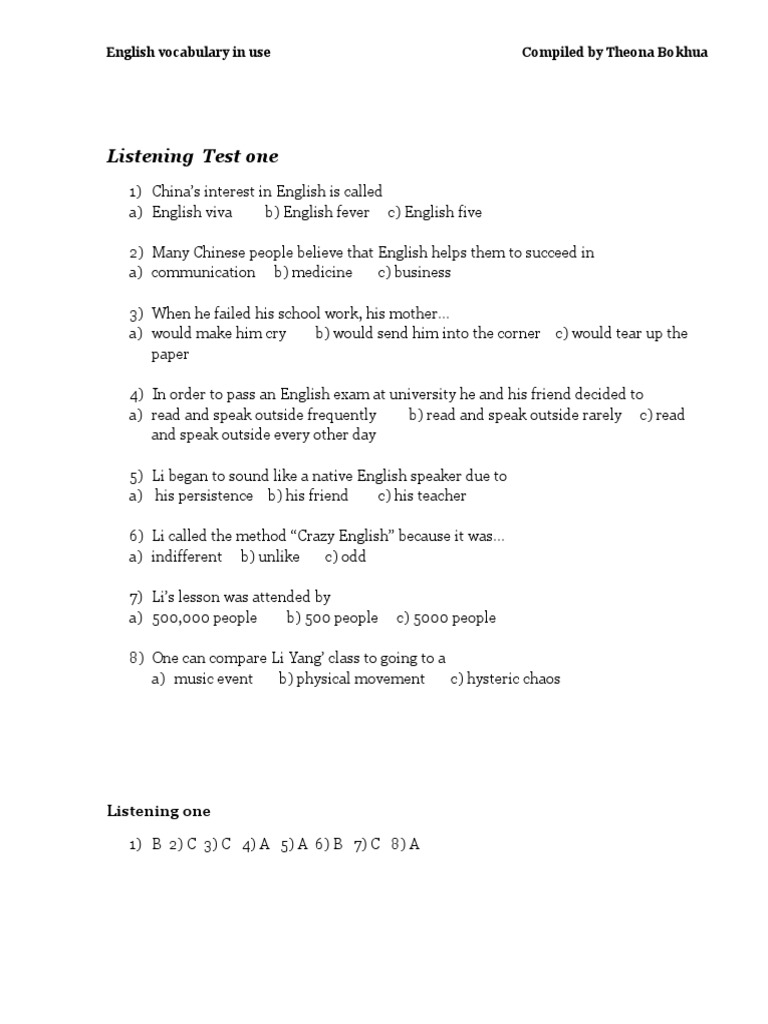 English Listening Test by Teona Bokhua | PDF