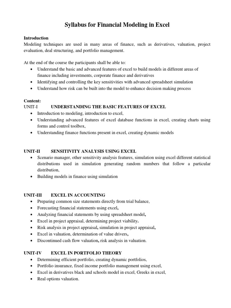 Syllabus For Financial Modeling in Excel PDF Financial Modeling