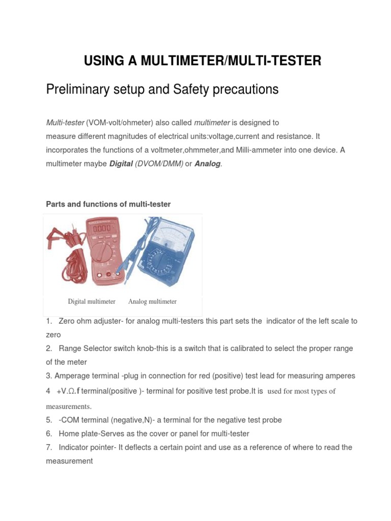 Multi-Tester Setup and Safety Guide | PDF | Physical Quantities ...