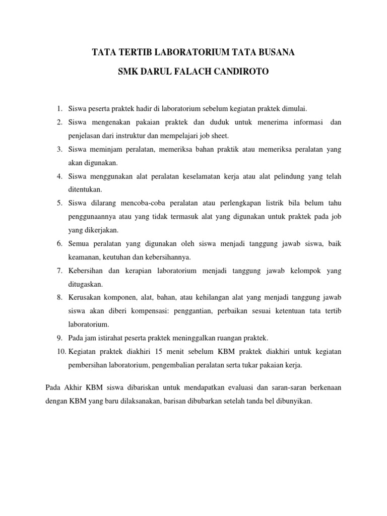 Tata Tertib Di Bengkel Tata Busana | PDF | Karier & Perkembangan ...