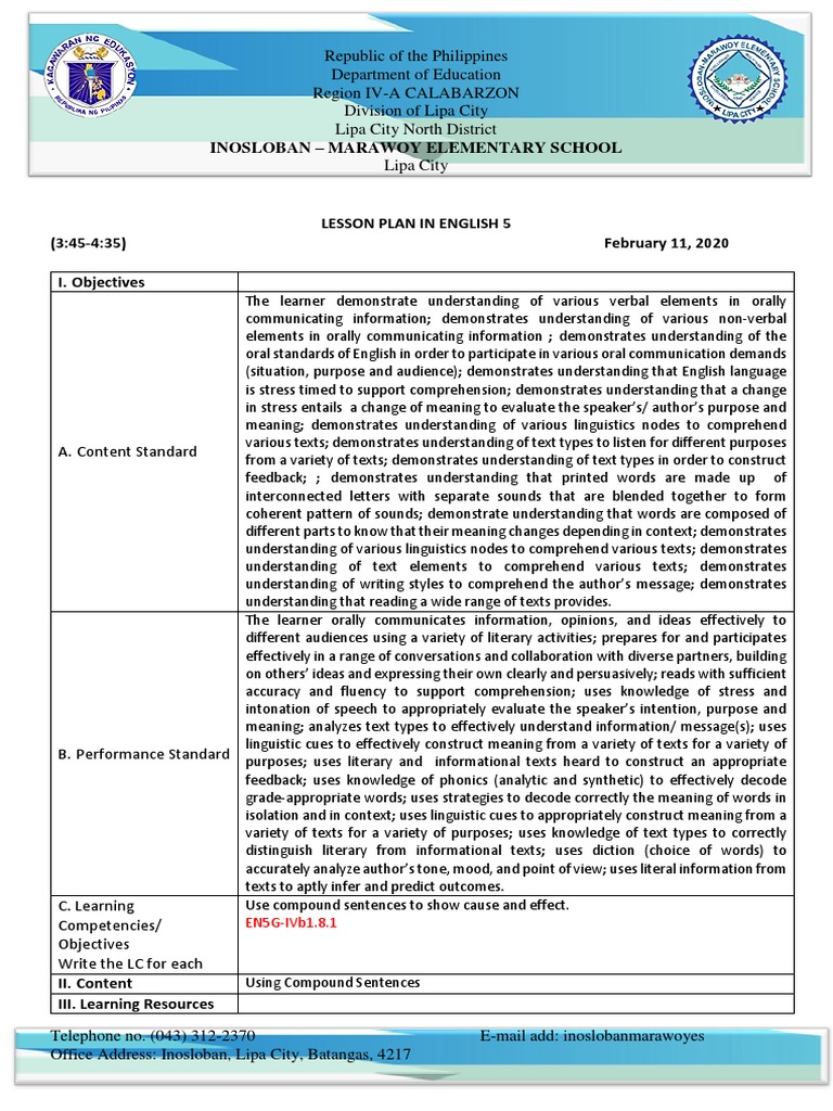4th Cot Plan About Compound Sentence Showing Cause and Effect PDF