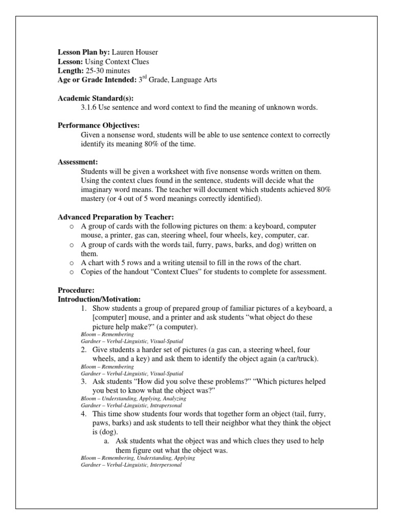 Context Clues Lesson Plan PDF | PDF | Lesson Plan | Educational Assessment
