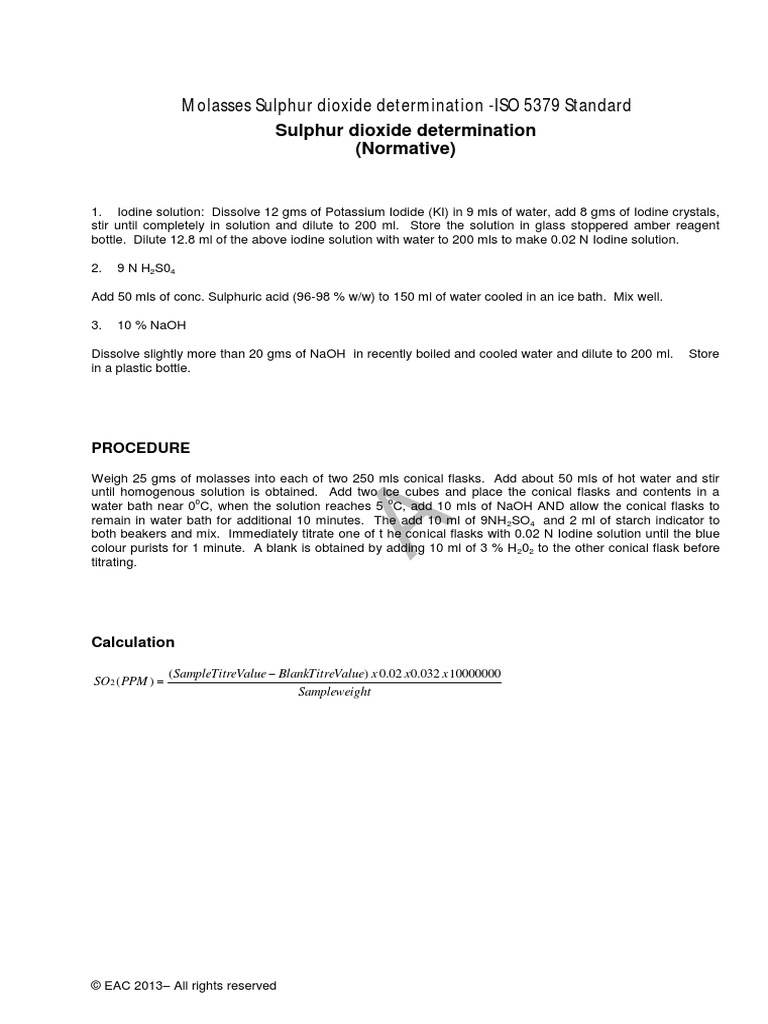 Molasses Sulphur Dioxide Determination ISO 5379 Standard PDF
