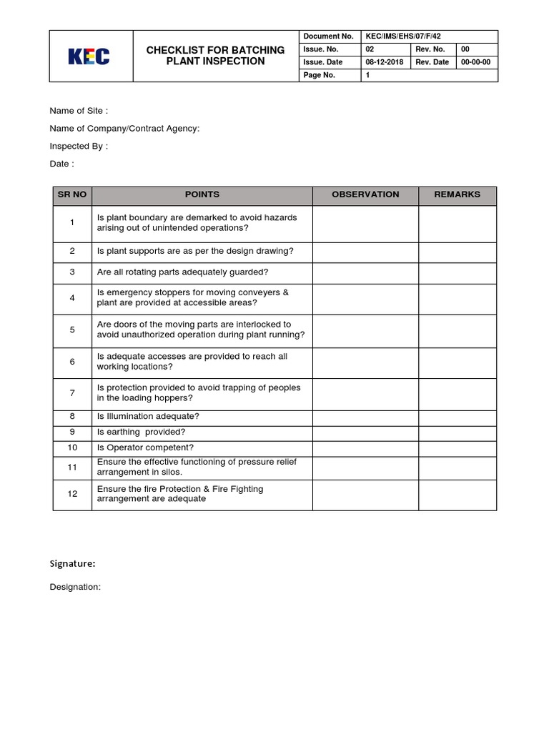 Batching Plant Inspection Checklist | PDF
