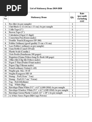 List of Stationery Items | PDF