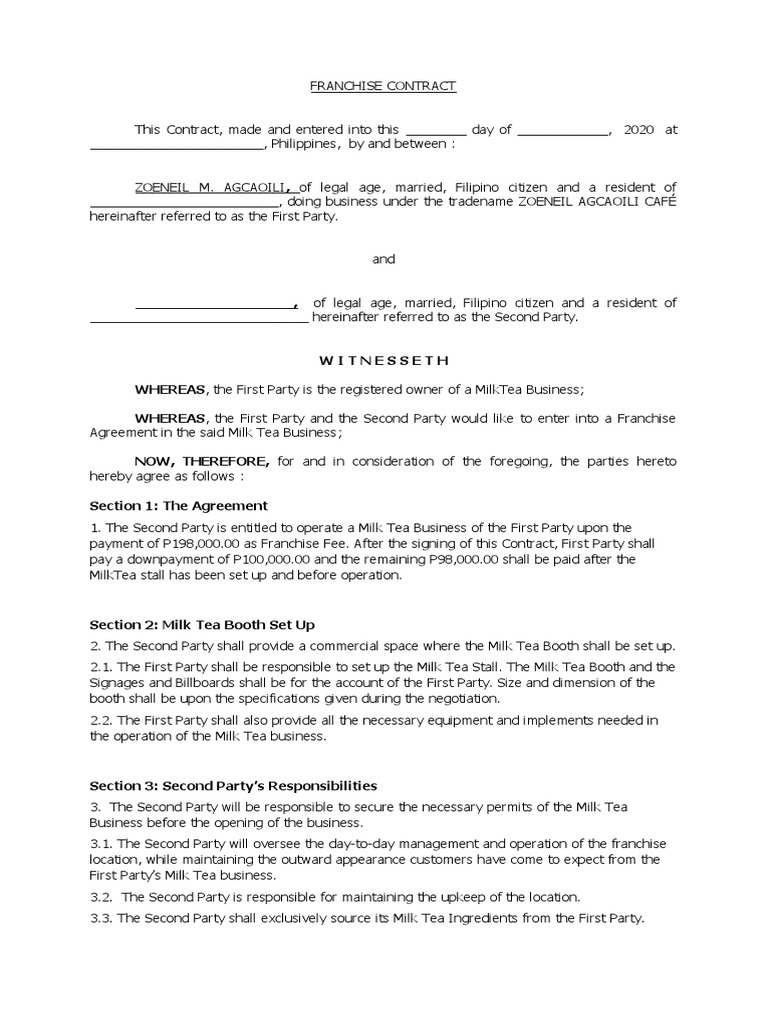 2020 Franchise Contract PDF Trademark Government