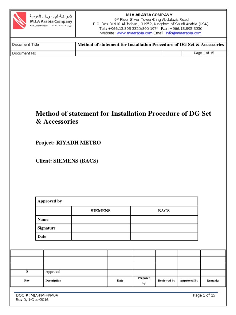 DG Set Installation Method Statement | PDF | Crane (Machine) | Elevator