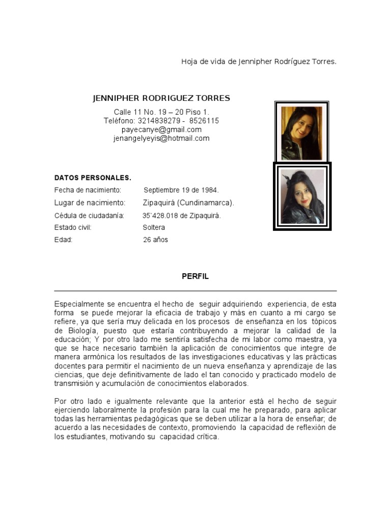 Hoja de Vida de Jennipher Rodríguez | PDF | Maestros | Educación primaria