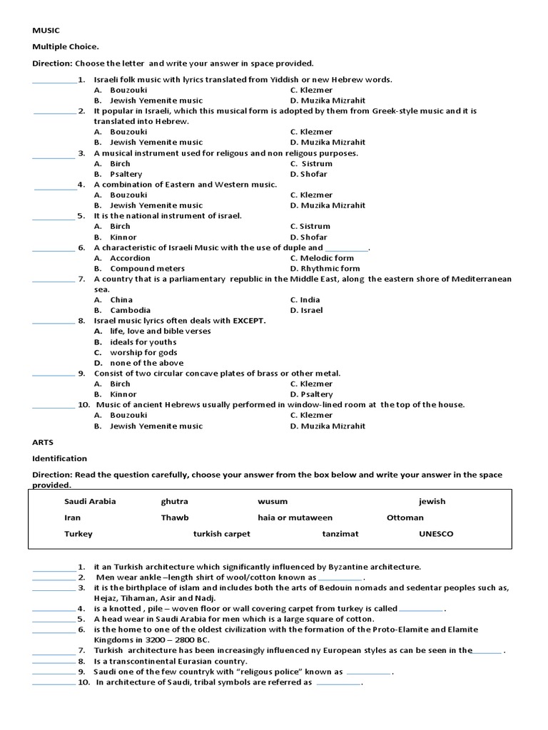 Israeli Music and Arts Quiz Questions | PDF | Turkey | Saudi Arabia