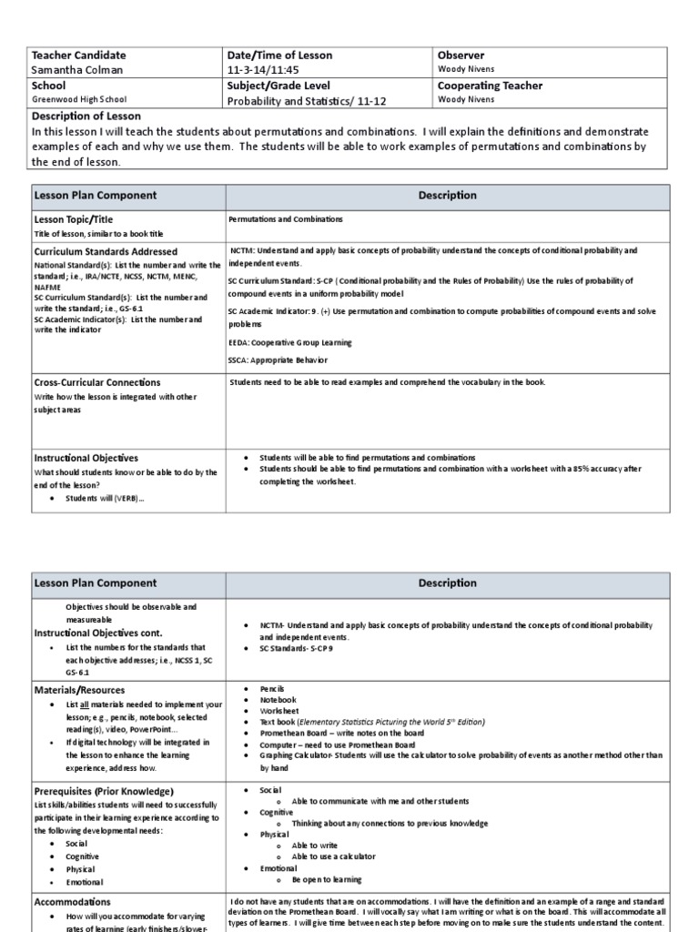 Permutations and Combinations Lesson Plan | PDF | National Council Of ...