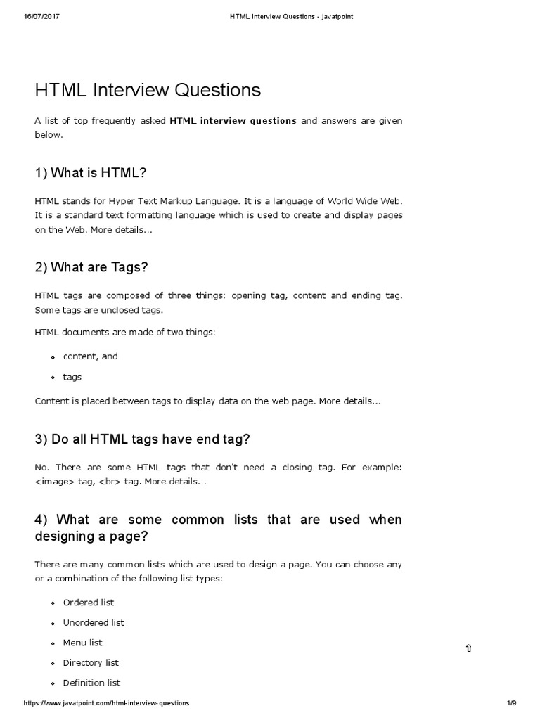 HTML Interview Questions javatpoint Html Element Html