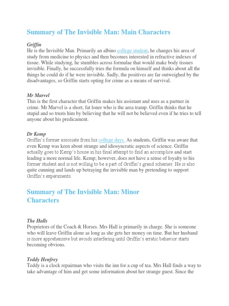 Summary of The Invisible Man Characters | PDF | The Invisible Man