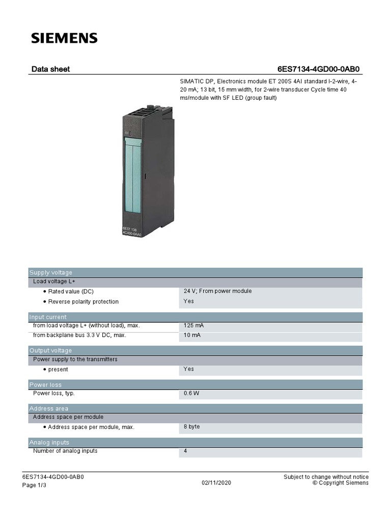 Siemens Simatic Analog Input, 6ES7 134-4NB01-0AB0, 6ES7134-4NB01-0AB0, (QTY:3) | 200er Reihe | Siemens Simatic S7 | Siemens | Manufacturers | Päbra Gmbh