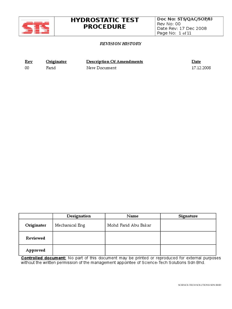STS Qac Sop 003 - 1 Hydrotest & Pnuematic Test Procedure | PDF | Leak ...