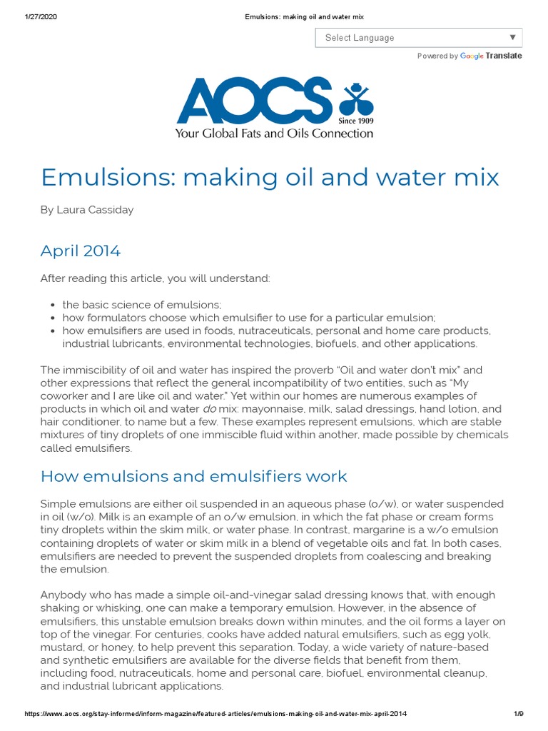Emulsions Making Oil and Water Mix PDF Emulsion Surfactant