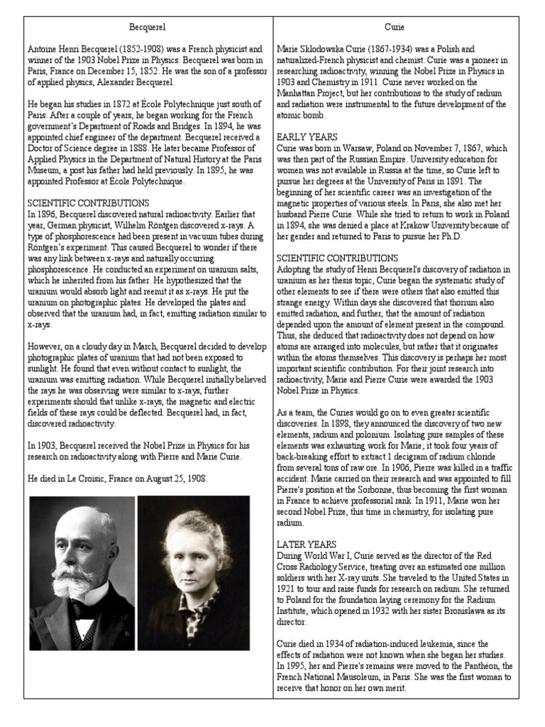 Becquerrel And Curie Bio Pdf Marie Curie Forms Of Energy