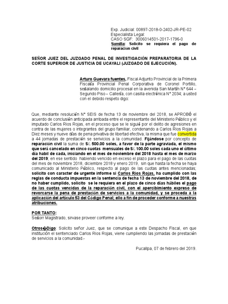 modelo de requerimiento de pago de reparación civil