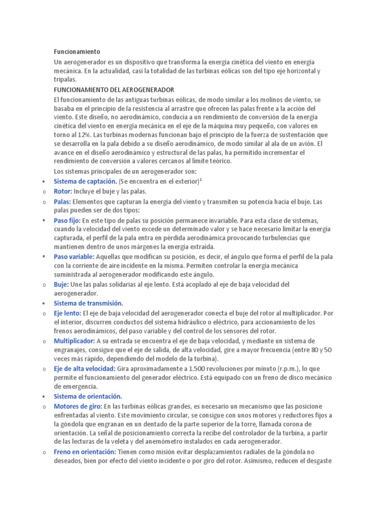 Funcionamiento de Aerogeneradores Eólicos | PDF | Turbina eólica | Turbina