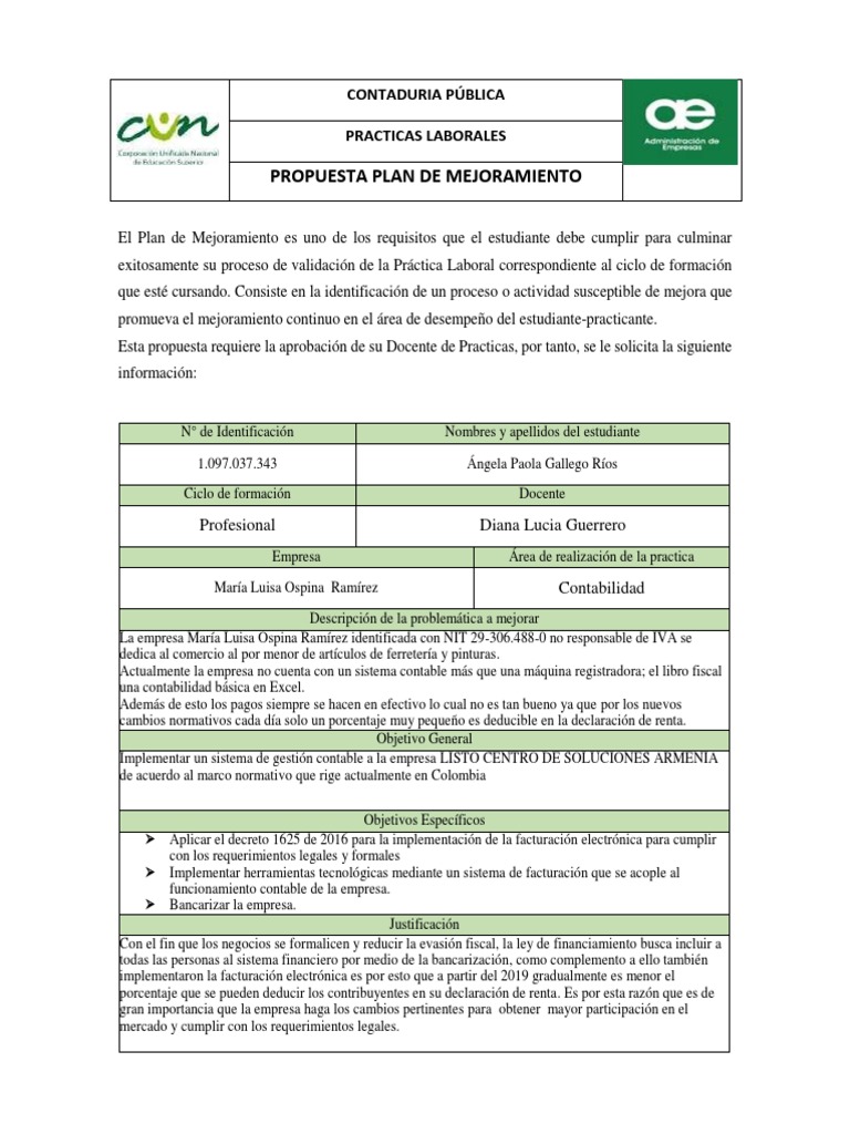 Plan de Mejora Contable para Práctica Laboral | PDF | Contabilidad ...