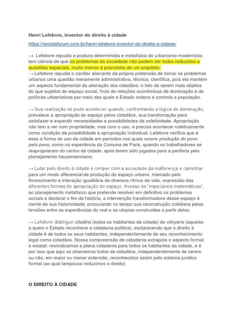 Henri Lefebvre, Direito À Cidade PDF Estado Favela