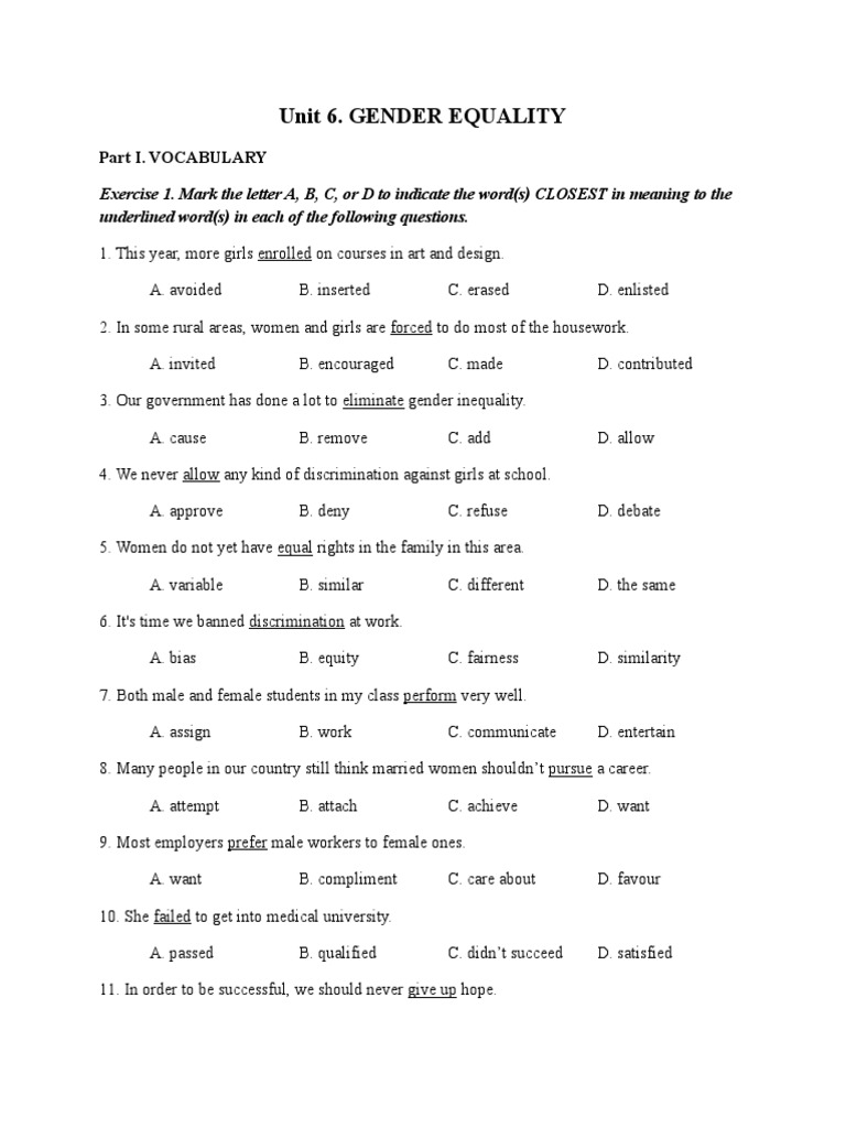 Gender Equality Vocabulary and Grammar Exercises | PDF | Gender ...