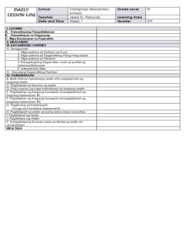 DAILY LESSON LOG Template ESP | PDF