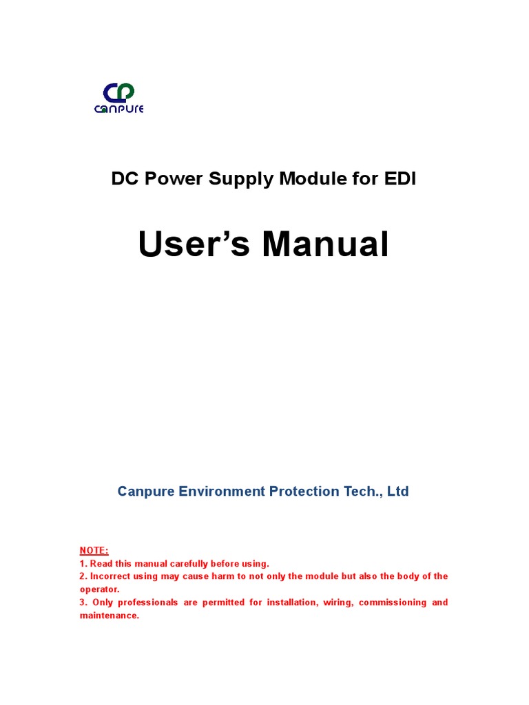 Canpure EDI DC Power Supply Manual | PDF | Power Supply | Relay