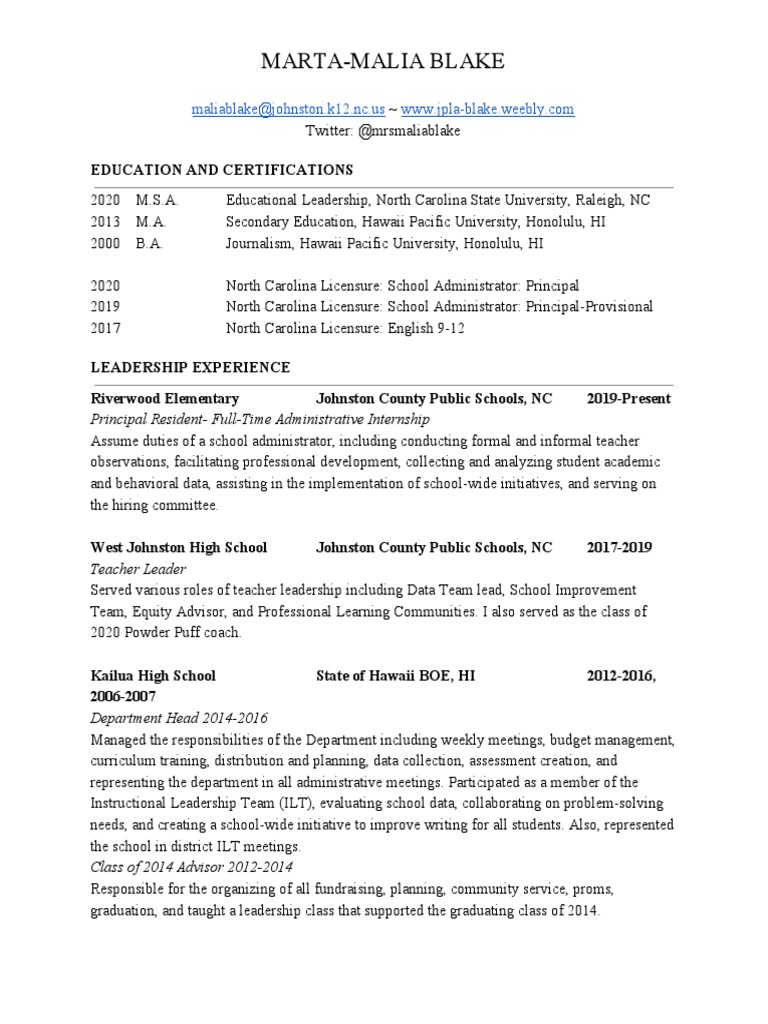 Educational Leadership Resume: Malia Blake | PDF | Teachers | Leadership