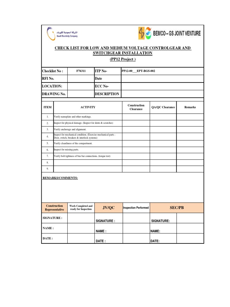 Switchgear Installation Checklist PDF