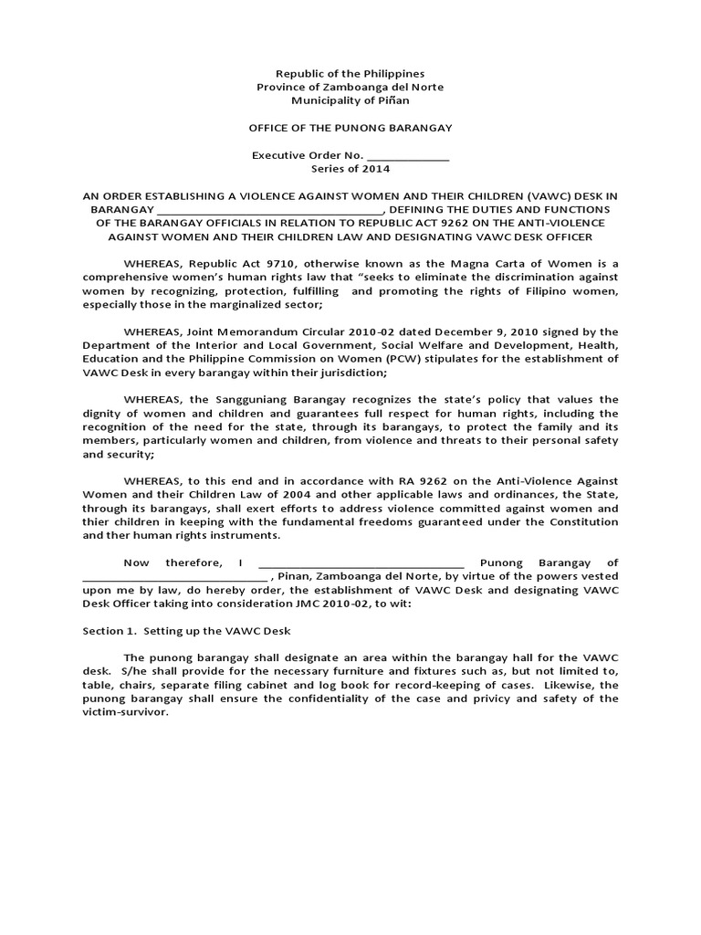 Establishment of VAWC Desk in Barangay | PDF | Human Rights | Violence